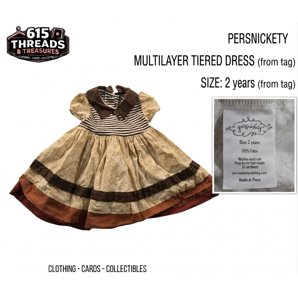 Persnickety Toddler Girls Dress Size 2 Beige Floral Striped Polka Dot Layered